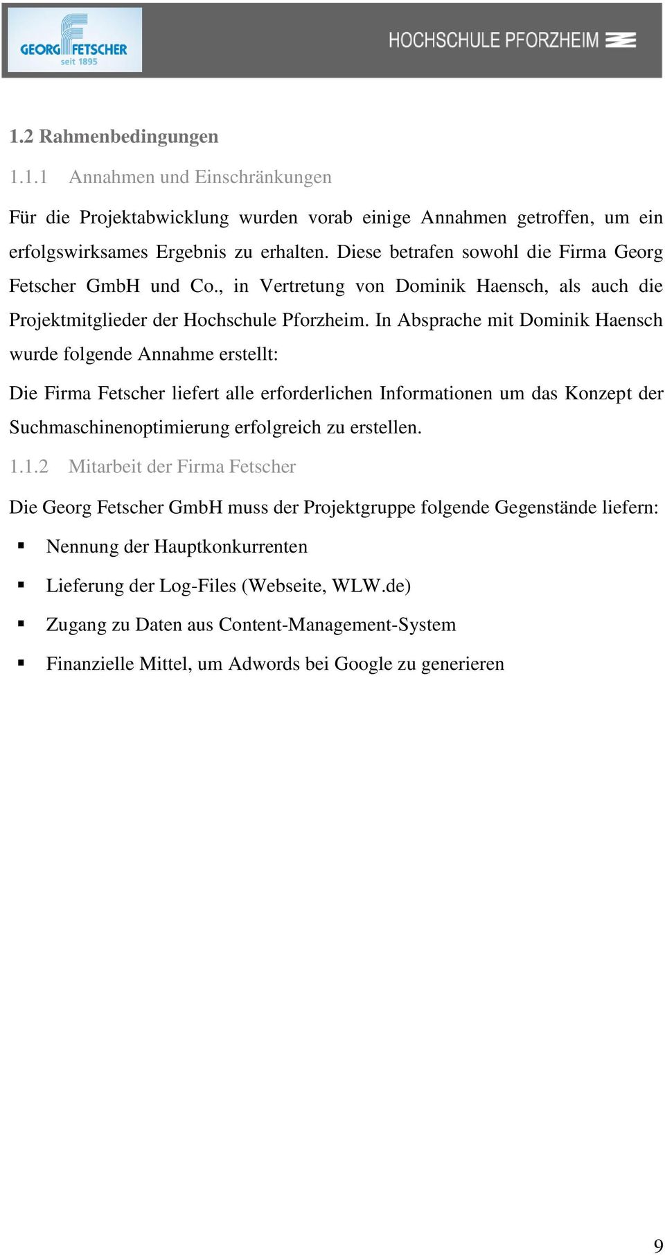 In Absprache mit Dominik Haensch wurde folgende Annahme erstellt: Die Firma Fetscher liefert alle erforderlichen Informationen um das Konzept der Suchmaschinenoptimierung erfolgreich zu erstellen. 1.