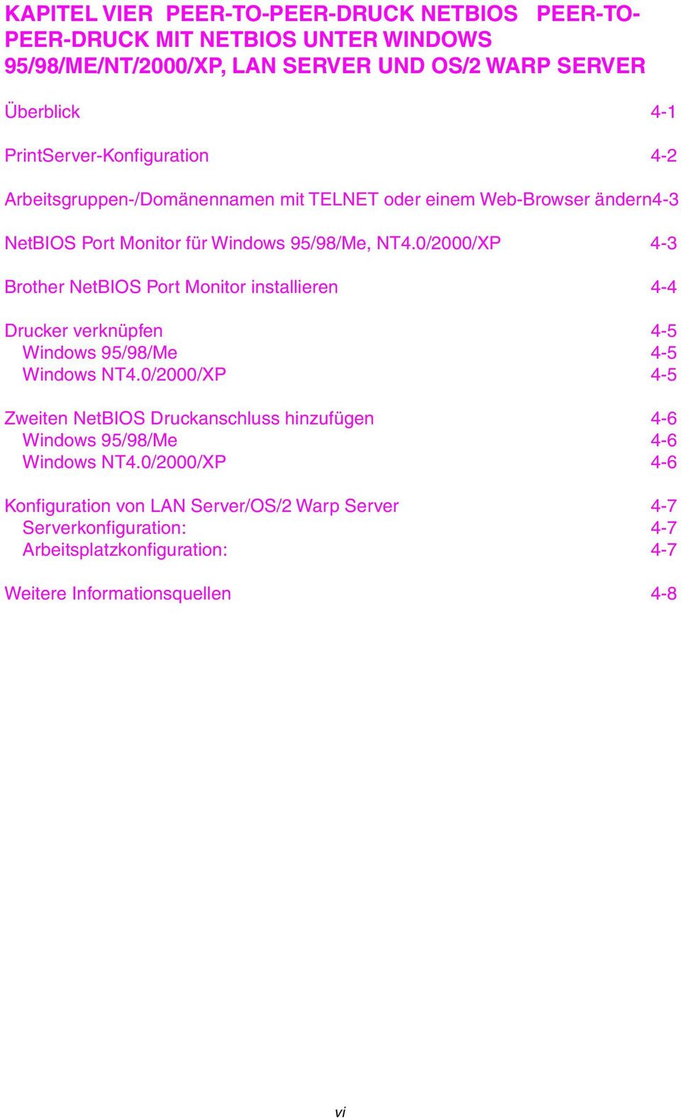 0/2000/XP 4-3 Brother NetBIOS Port Monitor installieren 4-4 Drucker verknüpfen 4-5 Windows 95/98/Me 4-5 Windows NT4.