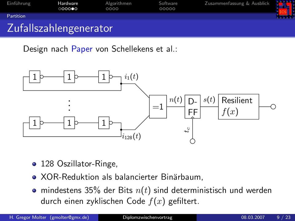 XOR-Reduktion als balancierter Binärbaum, mindestens 35% der Bits n(t) sind deterministisch und