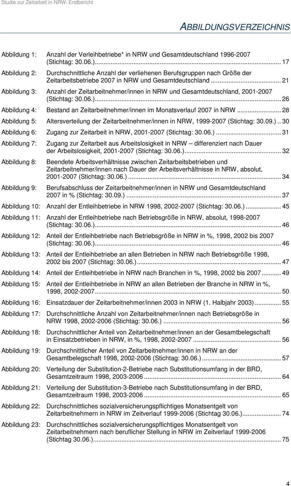 .. 21 Abbildung 3: Anzahl der Zeitarbeitnehmer/innen in NRW und Gesamtdeutschland, 2001-2007 (Stichtag: 30.06.)... 26 Abbildung 4: Bestand an Zeitarbeitnehmer/innen im Monatsverlauf 2007 in NRW.