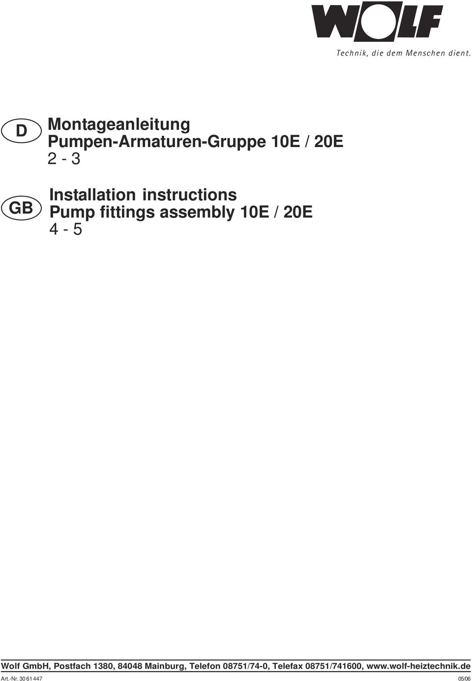 instructions Pump fittings assembly 10E / 20E 4-5 Wolf GmbH, Postfach 1380,