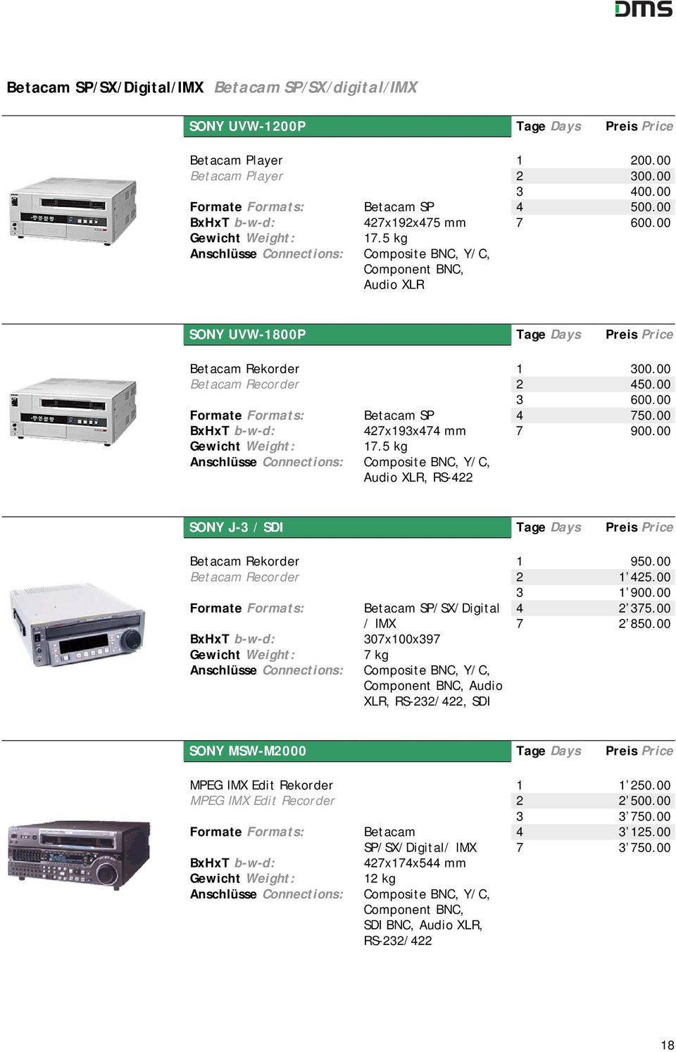 00 Formate Formats: Betacam SP 4 750.00 427x193x474 mm 7 900.00 Anschlüsse Connections: 17.5 kg Composite BNC, Y/C, Audio XLR, RS-422 SONY J-3 / SDI Tage Days Preis Price Betacam Rekorder 1 950.