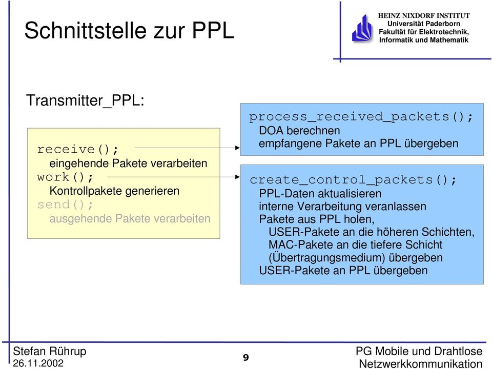 create_control_packets(); PPL-Daten aktualisieren interne Verarbeitung veranlassen Pakete aus PPL holen, USER-Pakete