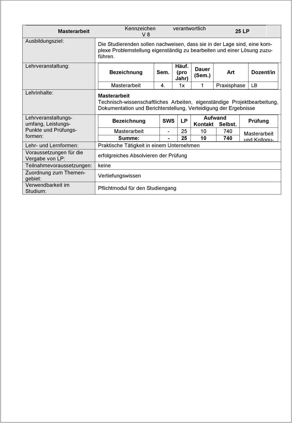 1x 1 Praxisphase LB Dozent/in Masterarbeit Technisch-wissenschaftliches Arbeiten, eigenständige Projektbearbeitung, Dokumentation und