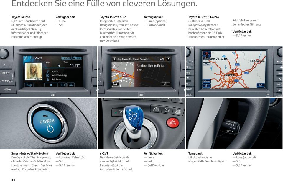 Verfügbar bei: Luna (optional) Sol (optional) Toyota Touch & Go Pro Multimedia- und Navigationssystem der neuesten Generation mit hochauflösendem 7"-Farb- Touchscreen, inklusive einer Rückfahrkamera