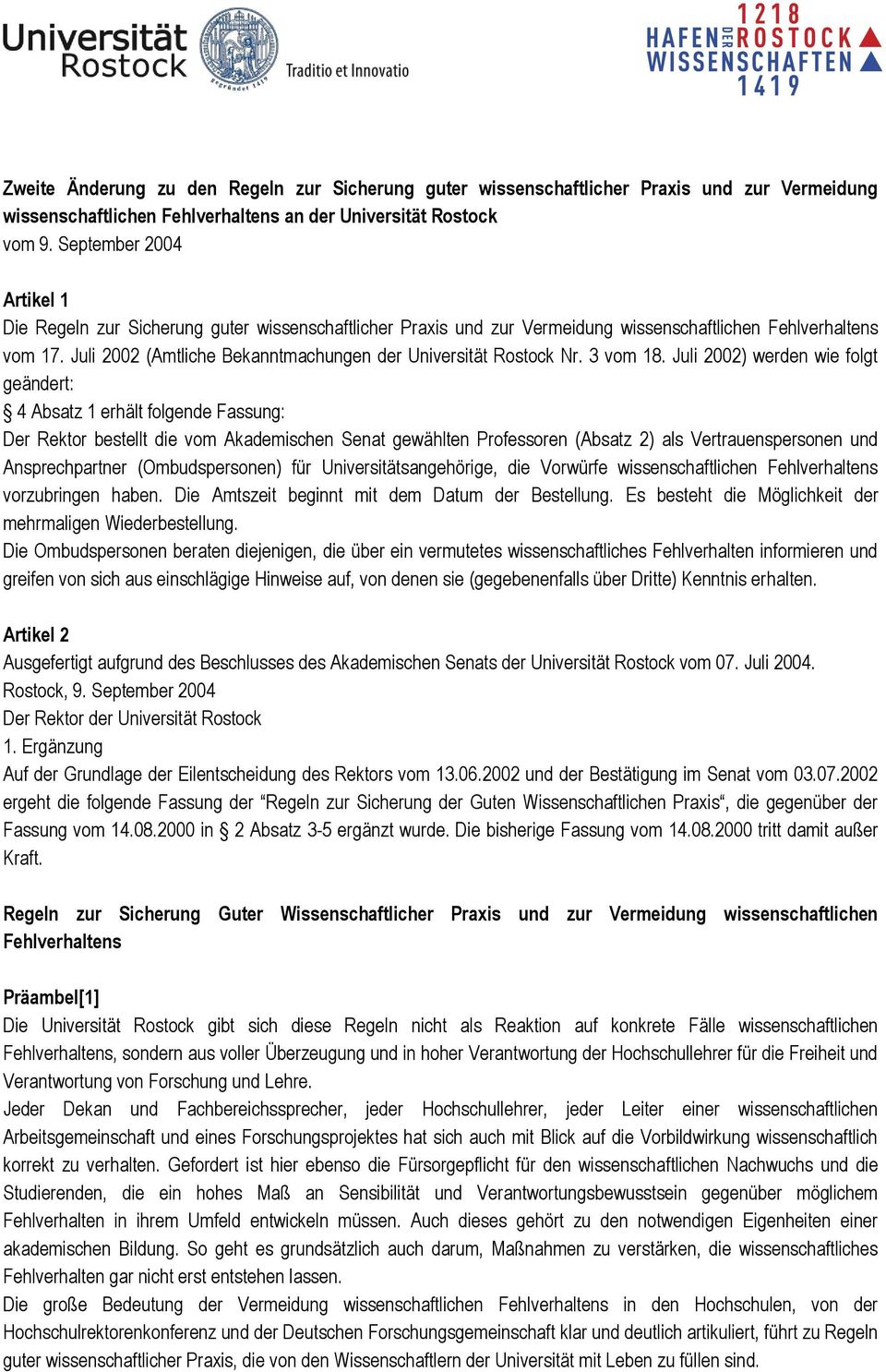 Juli 2002 (Amtliche Bekanntmachungen der Universität Rostock Nr. 3 vom 18.