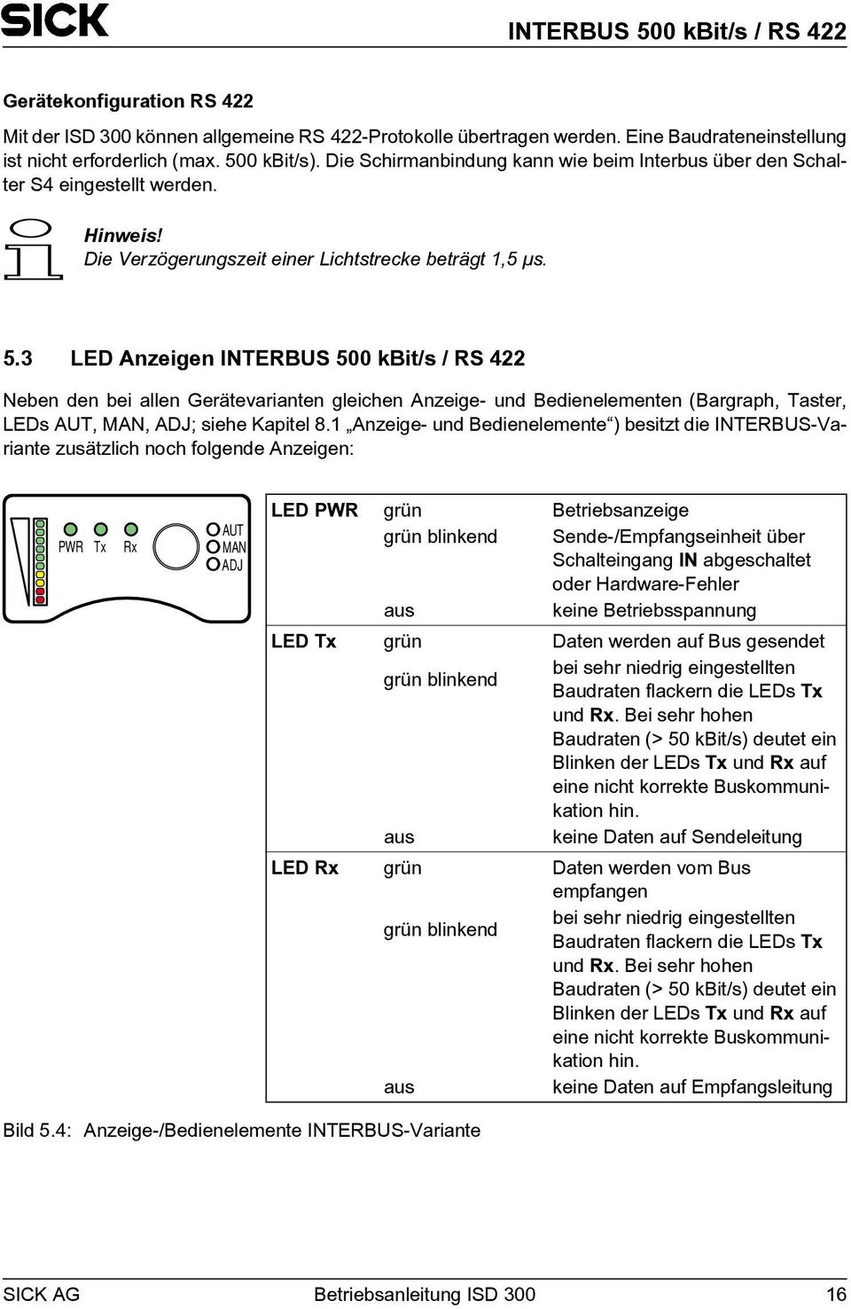 3 LED Anzeigen INTERBUS 500 kbit/s / RS 422 Neben den bei allen Gerätevarianten gleichen Anzeige- und Bedienelementen (Bargraph, Taster, LEDs AUT, MAN, ADJ; siehe Kapitel 8.