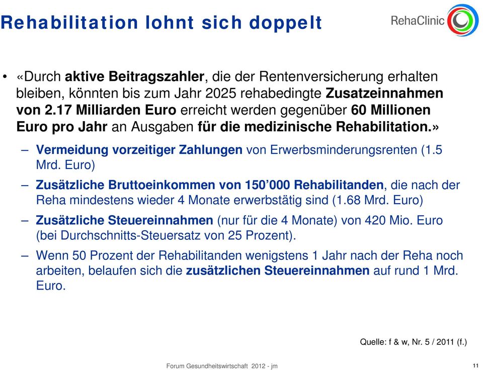 Euro) Zusätzliche Bruttoeinkommen von 150 000 Rehabilitanden, die nach der Reha mindestens wieder 4 Monate erwerbstätig sind (1.68 Mrd.