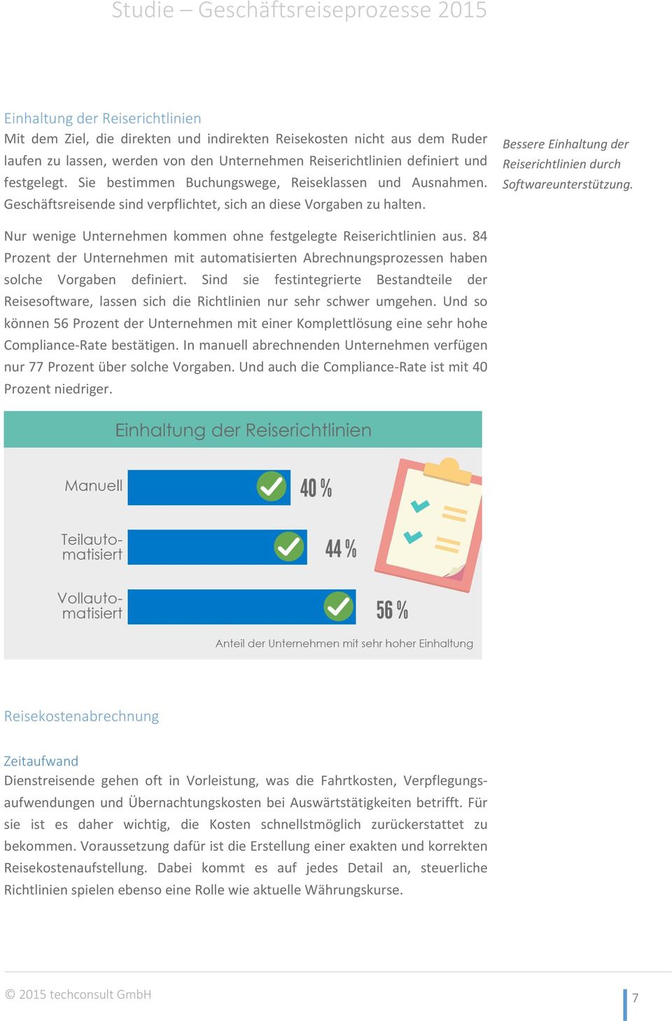 Nur wenige Unternehmen kommen ohne festgelegte Reiserichtlinien aus. 84 Prozent der Unternehmen mit automatisierten Abrechnungsprozessen haben solche Vorgaben definiert.