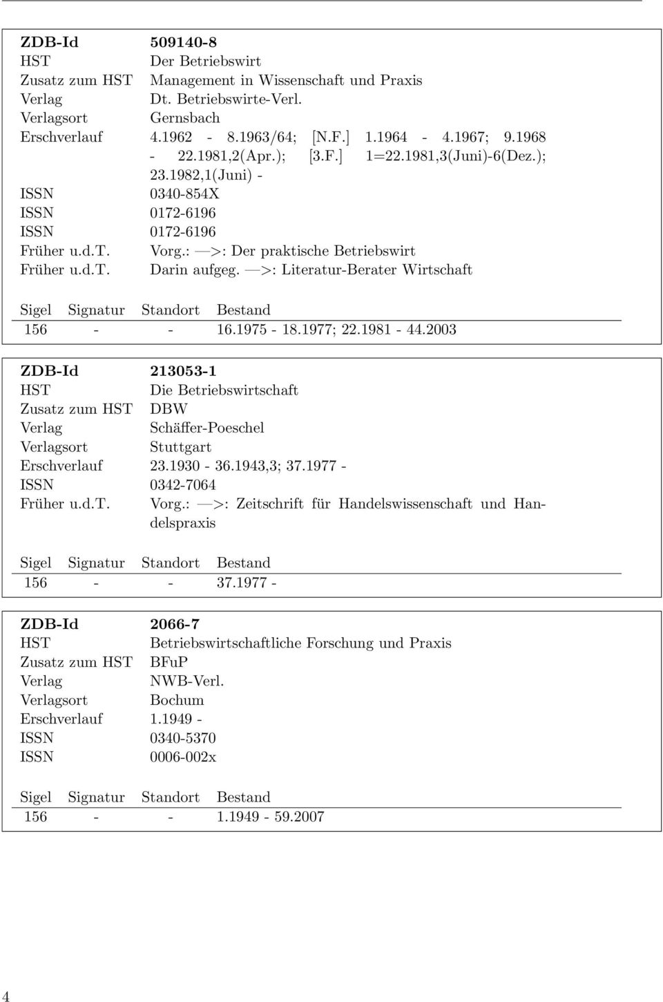 >: Literatur-Berater Wirtschaft 156 - - 16.1975-18.1977; 22.1981-44.2003 ZDB-Id 213053-1 Die Betriebswirtschaft Zusatz zum DBW Schäffer-Poeschel sort Stuttgart Erschverlauf 23.1930-36.1943,3; 37.