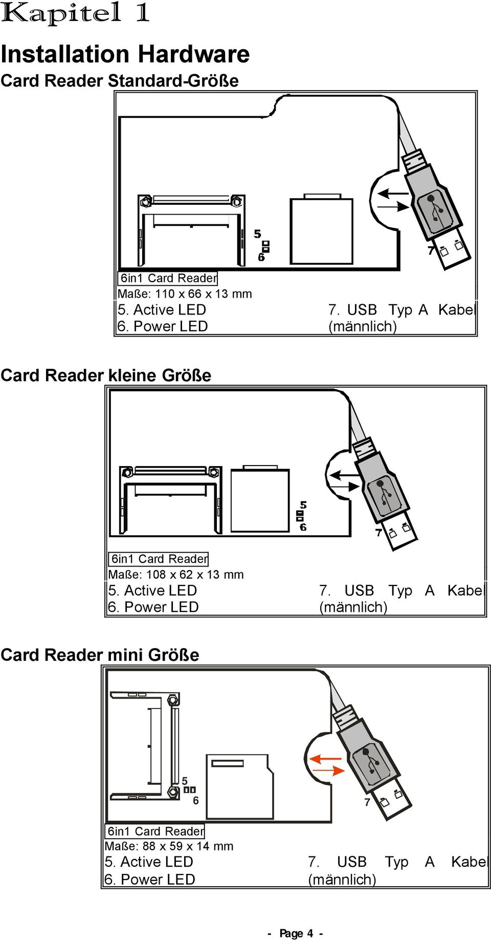 USB Typ A Kabel (männlich) Card Reader kleine Größe 6in1 Card Reader Maße: 108 x 62 x 13 mm 5.