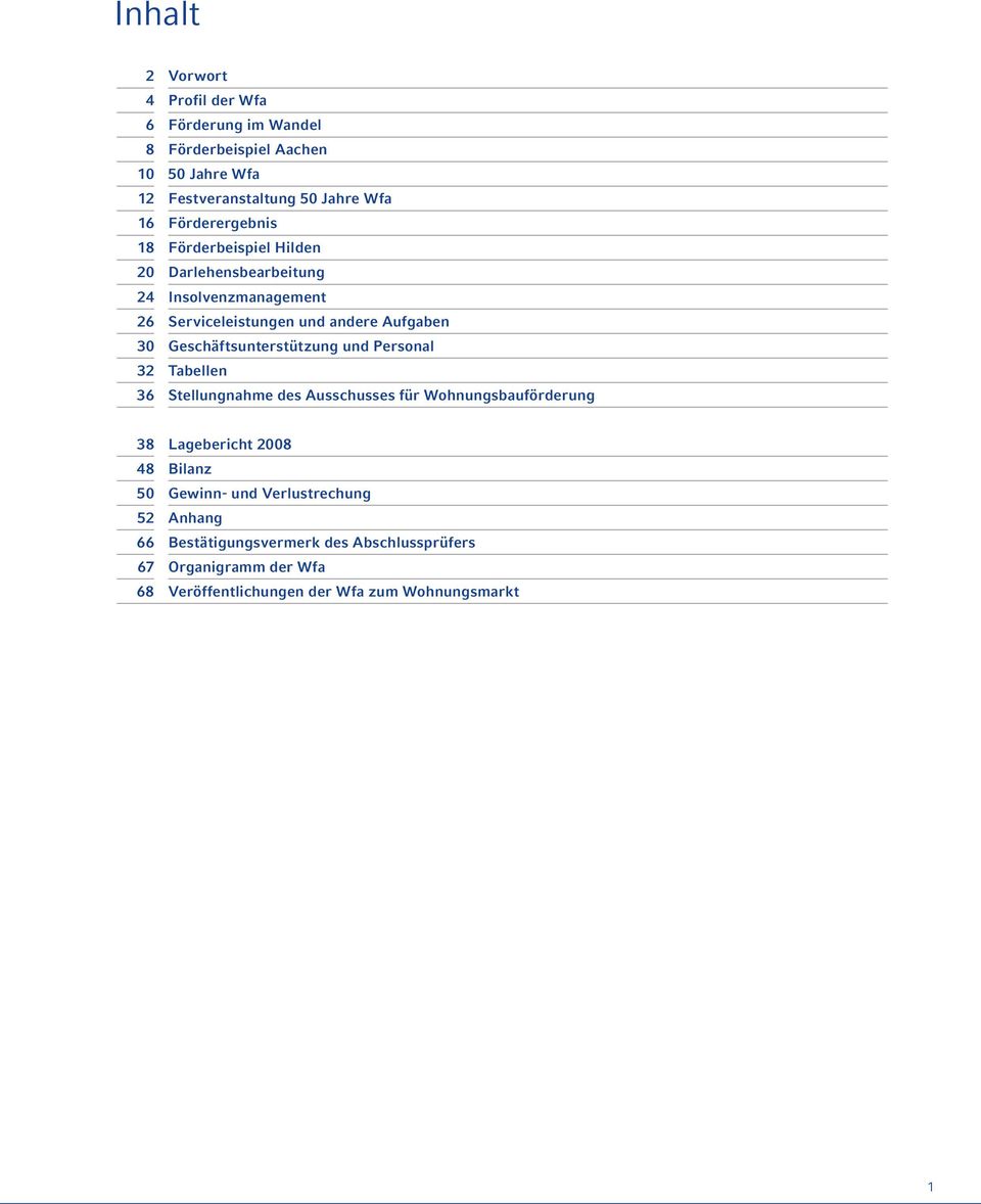 Geschäftsunterstützung und Personal 32 Tabellen 36 Stellungnahme des Ausschusses für Wohnungsbauförderung 38 Lagebericht 2008 48 Bilanz 50