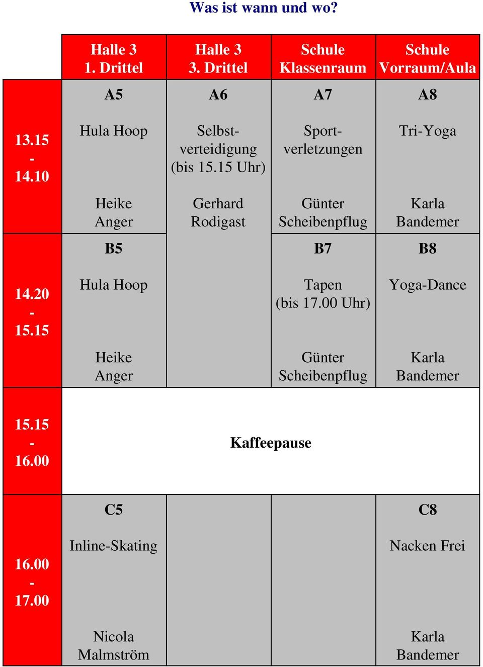 15 Uhr) Sportverletzungen TriYoga Heike Anger Gerhard Rodigast Günter Scheibenpflug Karla Bandemer B5 B7 B8 14.20 15.