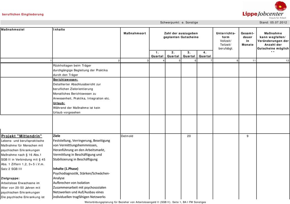 beruflichen Zielorientierung Monatliches Berichtswesen zu Projekt "Mittendr" Ziele Detmold 20 9 Lebens- und berufspraktische für Menschen mit psychischen Erkrankungen nach 16 Abs.