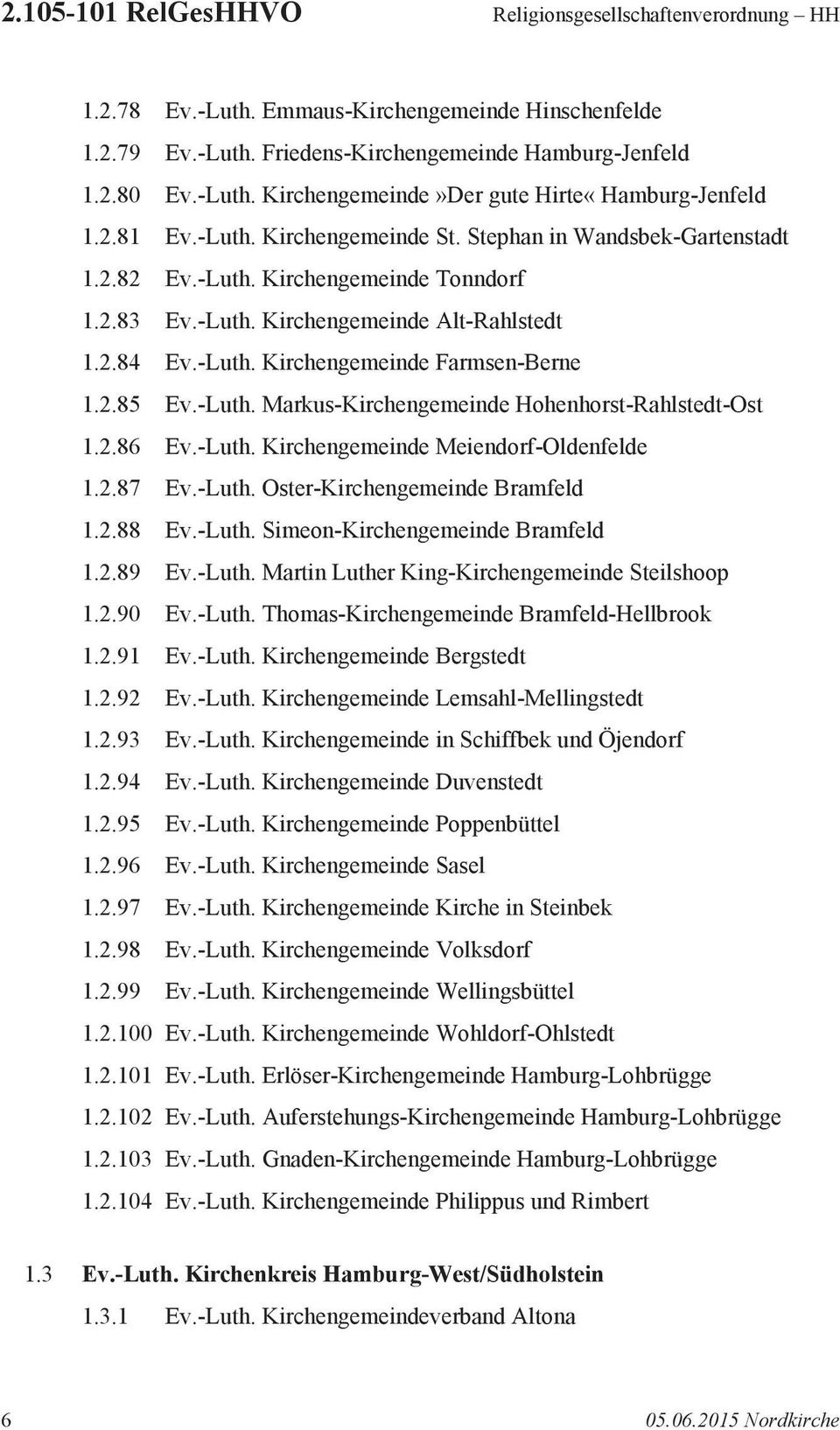 2.85 Ev.-Luth. Markus-Kirchengemeinde Hohenhorst-Rahlstedt-Ost 1.2.86 Ev.-Luth. Kirchengemeinde Meiendorf-Oldenfelde 1.2.87 Ev.-Luth. Oster-Kirchengemeinde Bramfeld 1.2.88 Ev.-Luth. Simeon-Kirchengemeinde Bramfeld 1.