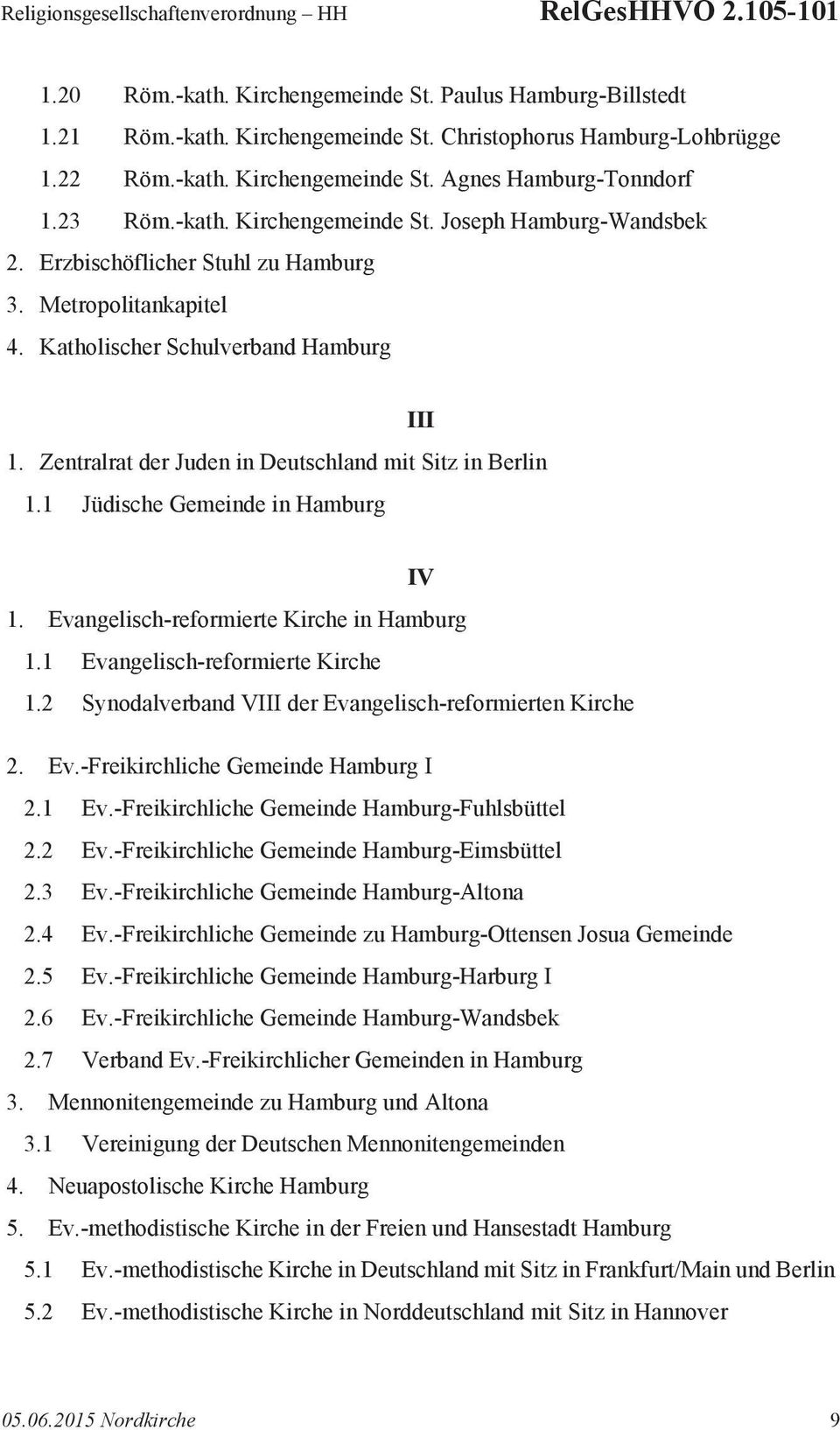 Katholischer Schulverband Hamburg III 1. Zentralrat der Juden in Deutschland mit Sitz in Berlin 1.1 Jüdische Gemeinde in Hamburg IV 1. Evangelisch-reformierte Kirche in Hamburg 1.