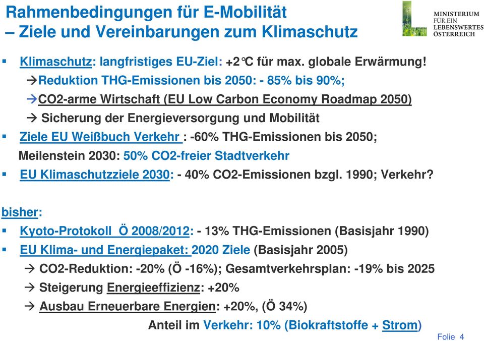 THG-Emissionen bis 2050; Meilenstein 2030: 50% CO2-freier Stadtverkehr EU Klimaschutzziele 2030: - 40% CO2-Emissionen bzgl. 1990; Verkehr?