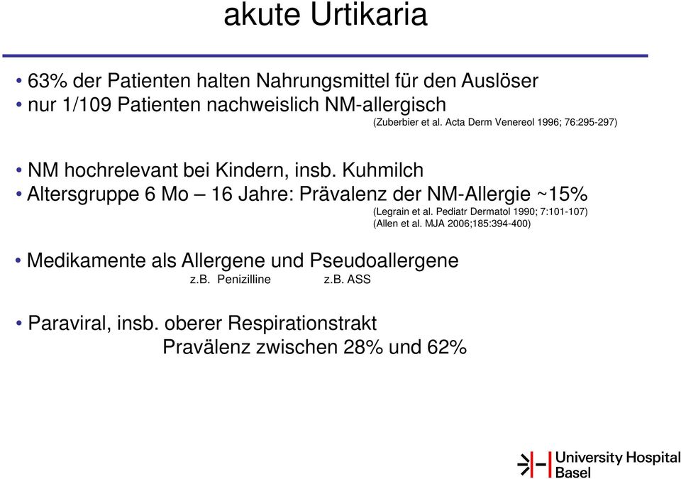 Kuhmilch Altersgruppe 6 Mo 16 Jahre: Prävalenz der NM-Allergie ~15% Medikamente als Allergene und Pseudoallergene z.b.