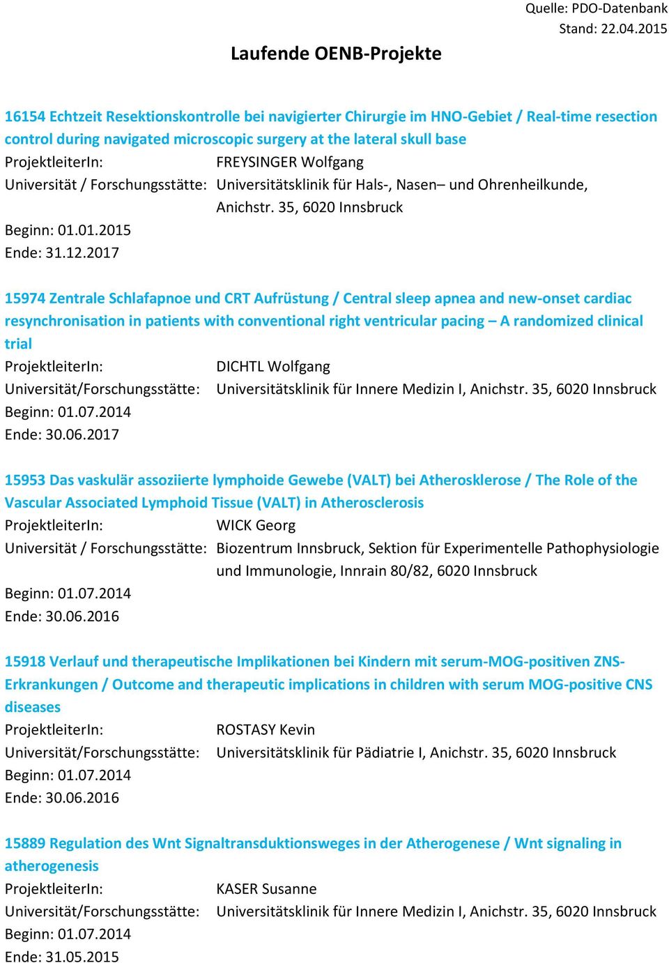 Universität / Forschungsstätte: Universitätsklinik für Hals-, Nasen und Ohrenheilkunde, Anichstr. 35, 6020 Innsbruck Beginn: 01.01.2015 Ende: 31.12.