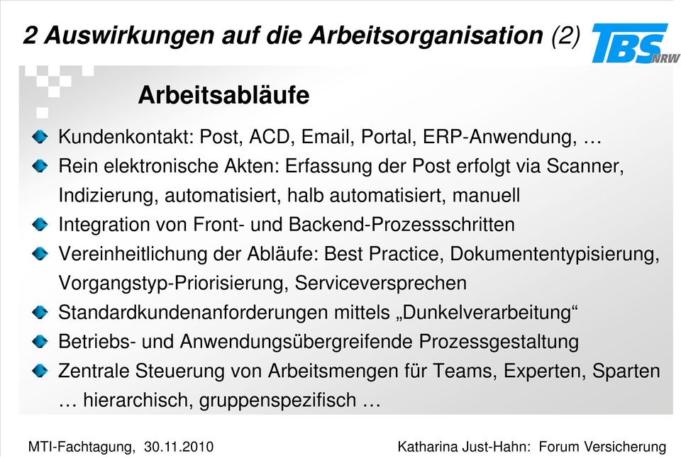 Vereinheitlichung der Abläufe: Best Practice, Dokumententypisierung, Vorgangstyp-Priorisierung, Serviceversprechen Standardkundenanforderungen mittels