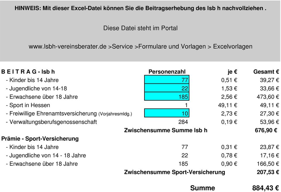 über 18 Jahre 185 2,56 473,60 - Sport in Hessen 1 49,11 49,11 - Freiwillige Ehrenamtsversicherung (Vorjahresmldg.