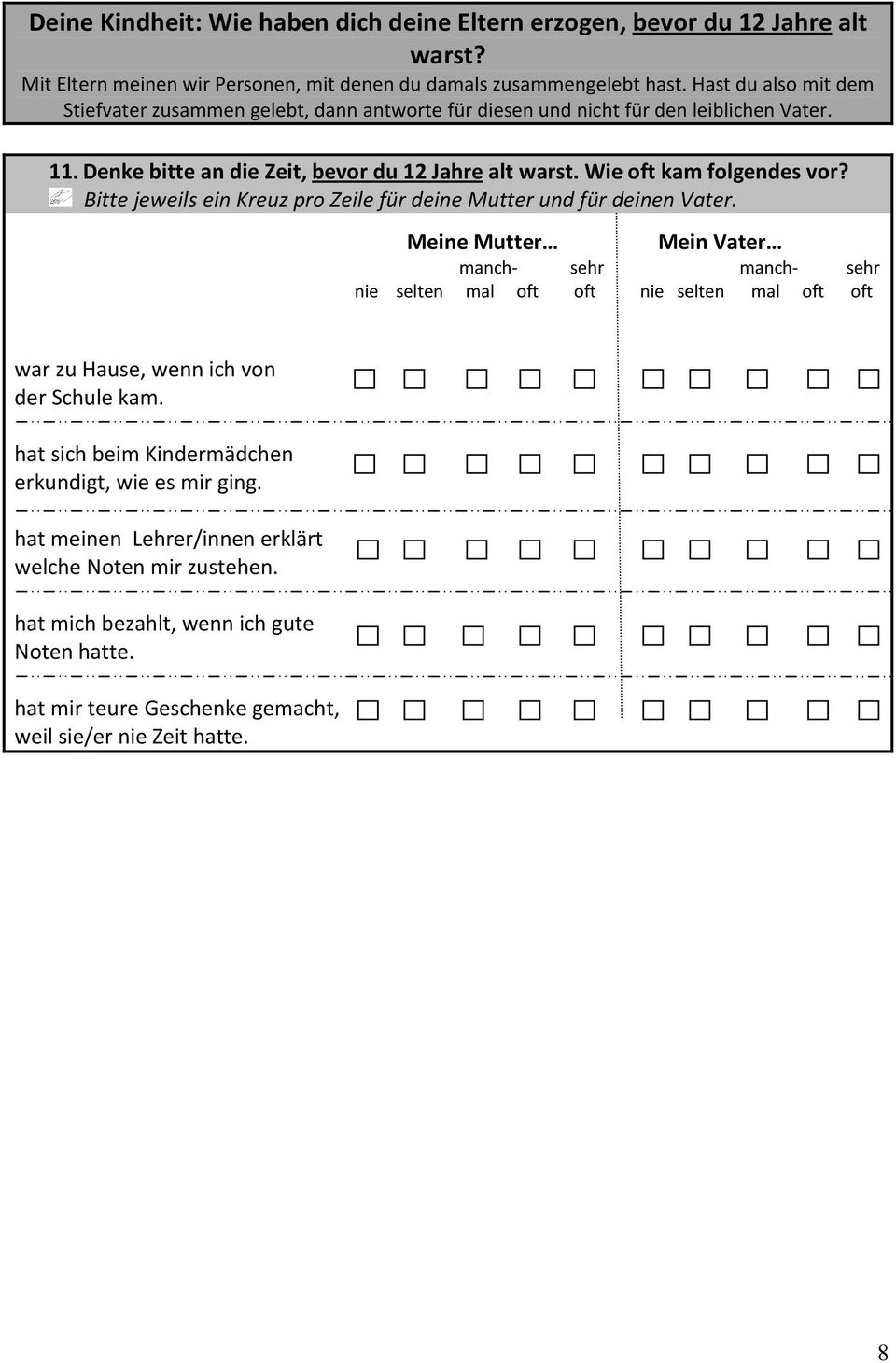 Bitte jeweils ein Kreuz pro Zeile für deine Mutter und für deinen Vater.