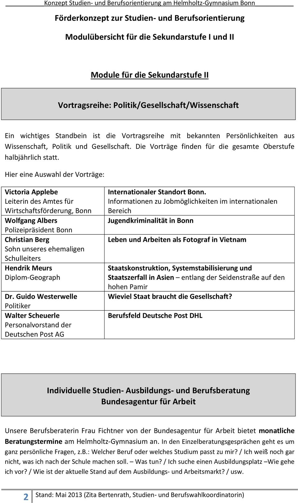 Hier eine Auswahl der Vorträge: Victoria Applebe Leiterin des Amtes für Wirtschaftsförderung, Bonn Wolfgang Albers Polizeipräsident Bonn Christian Berg Sohn unseres ehemaligen Schulleiters Hendrik