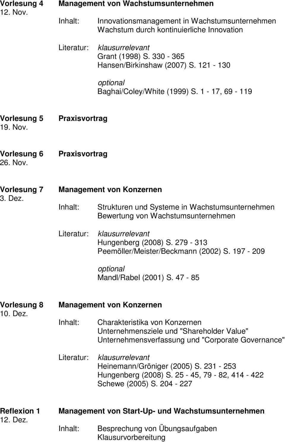Strukturen und Systeme in Wachstumsunternehmen Bewertung von Wachstumsunternehmen Hungenberg (2008) S. 279-313 Peemöller/Meister/Beckmann (2002) S. 197-209 Mandl/Rabel (2001) S. 47-85 Vorlesung 8 10.