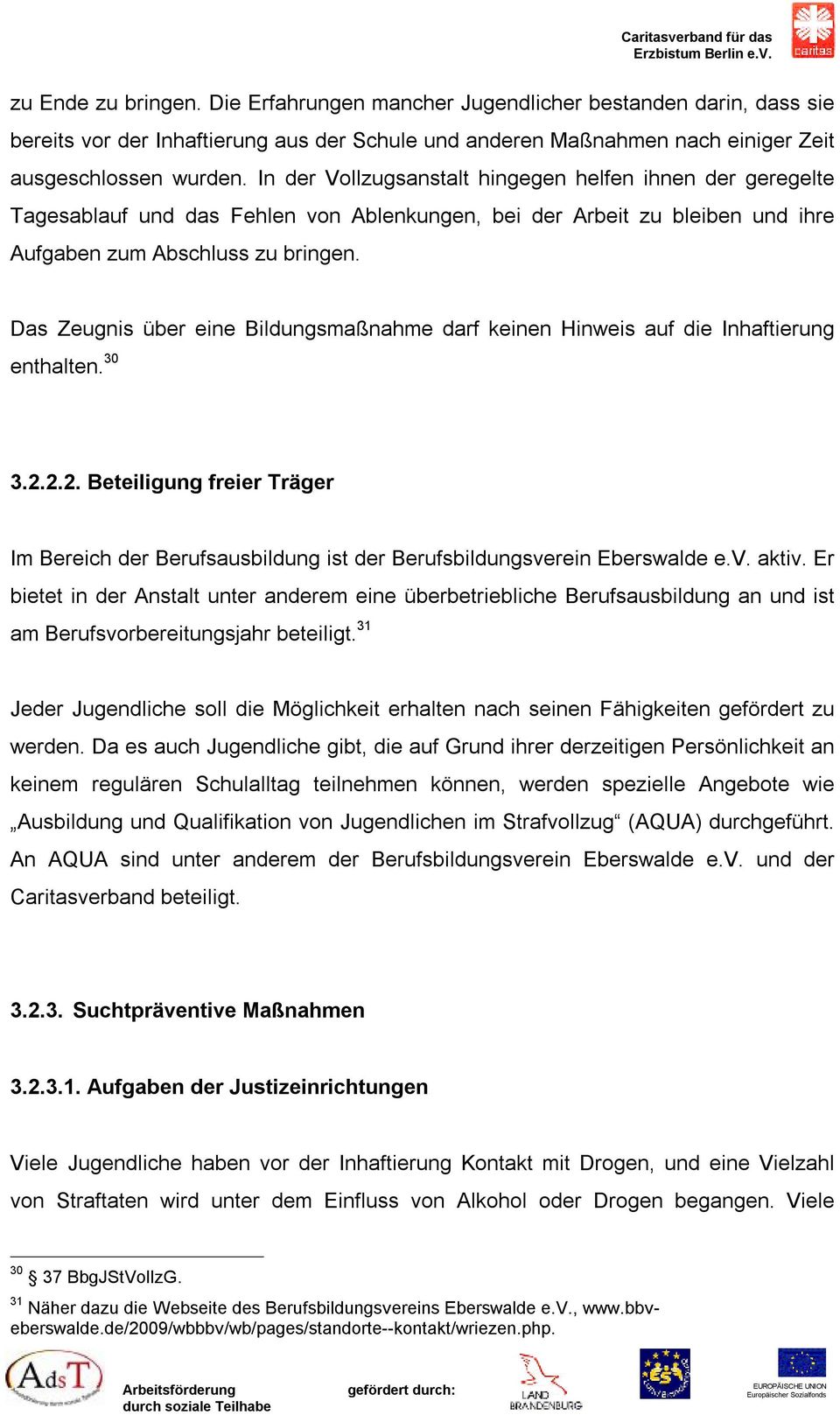 Das Zeugnis über eine Bildungsmaßnahme darf keinen Hinweis auf die Inhaftierung enthalten. 30 3.2.2.2. Beteiligung freier Träger Im Bereich der Berufsausbildung ist der Berufsbildungsverein Eberswalde e.