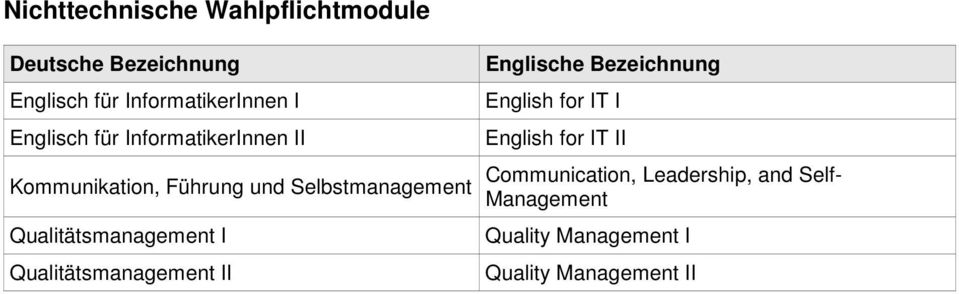 Qualitätsmanagement I Qualitätsmanagement II English for IT I English for IT