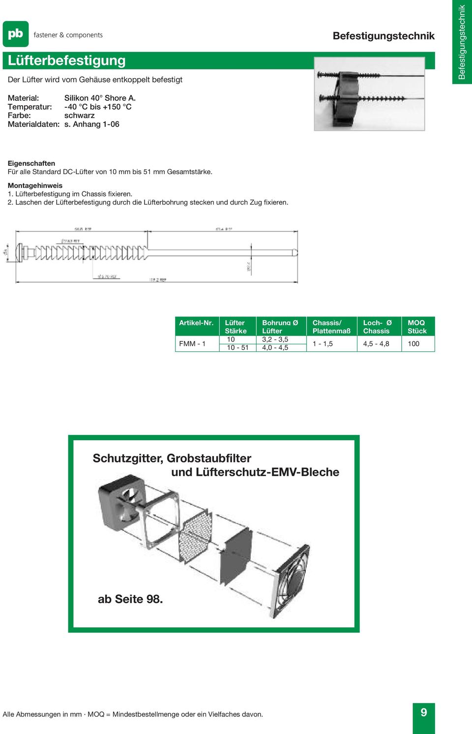 Lüfterbefestigung im Chassis fixieren. 2. Laschen der Lüfterbefestigung durch die Lüfterbohrung stecken und durch Zug fixieren. Artikel-Nr.