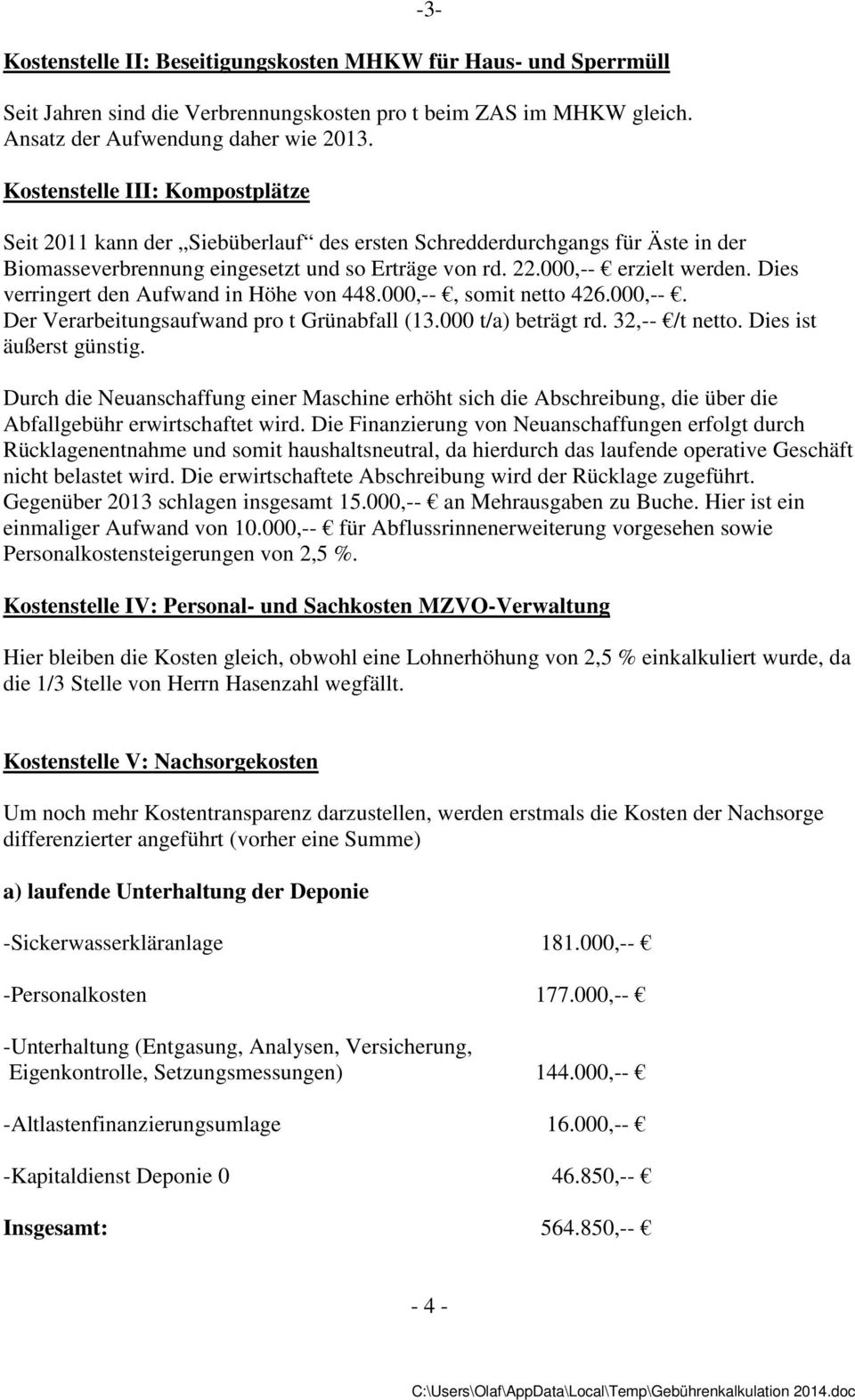 Dies verringert den Aufwand in Höhe von 448.000,--, somit netto 426.000,--. Der Verarbeitungsaufwand pro t Grünabfall (13.000 t/a) beträgt rd. 32,-- /t netto. Dies ist äußerst günstig.