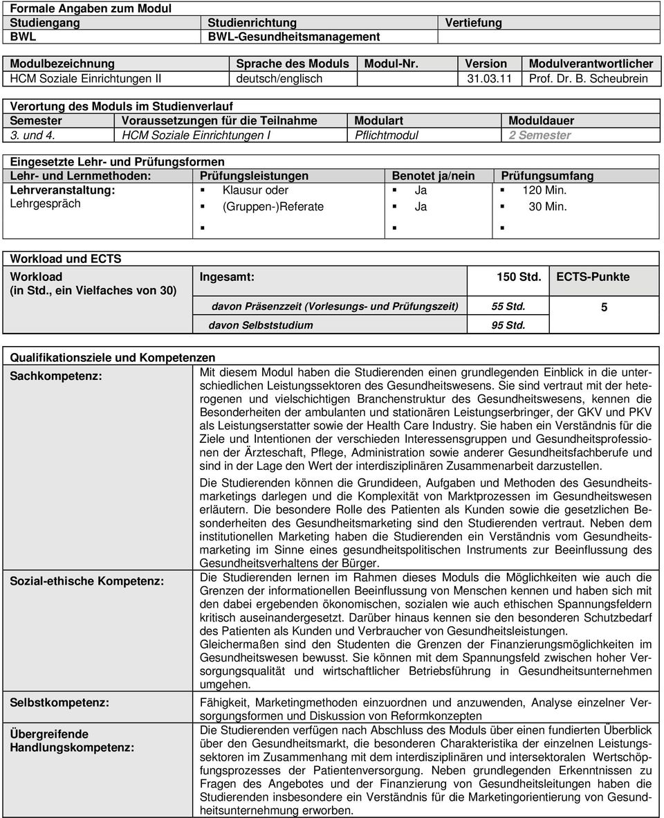 ECTS-Punkte davon (Vorlesungs- und Prüfungszeit) 55 Std. 5 95 Std.