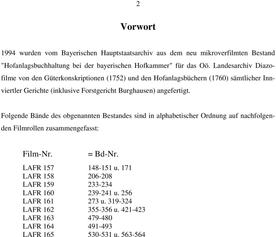 angefertigt. Folgende Bände des obgenannten Bestandes sind in alphabetischer Ordnung auf nachfolgenden Filmrollen zusammengefasst: Film-Nr. = Bd-Nr.