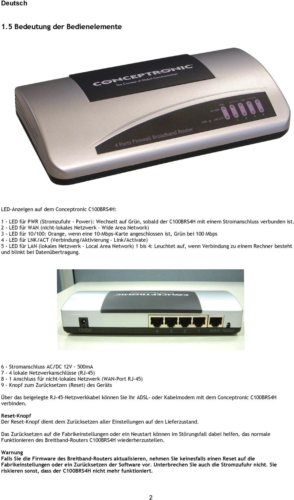 Link/Activate) 5 - LED für LAN (lokales Netzwerk Local Area Network) 1 bis 4: Leuchtet auf, wenn Verbindung zu einem Rechner besteht und blinkt bei Datenübertragung.