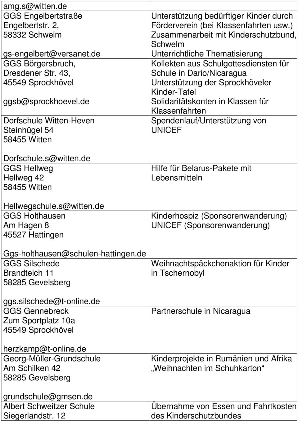 de Georg-Müller-Grundschule Am Schilken 42 grundschule@gmsen.de Albert Schweitzer Schule Unterstützung bedürftiger Kinder durch Förderverein (bei Klassenfahrten usw.