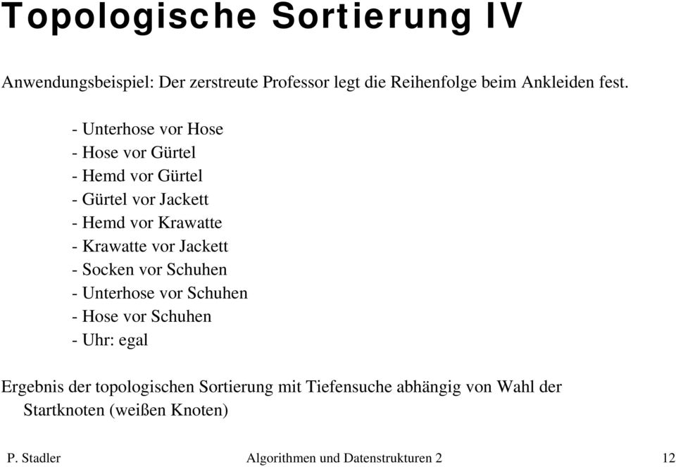 Jackett - Socken vor Schuhen - Unterhose vor Schuhen - Hose vor Schuhen - Uhr: egal Ergebnis der topologischen