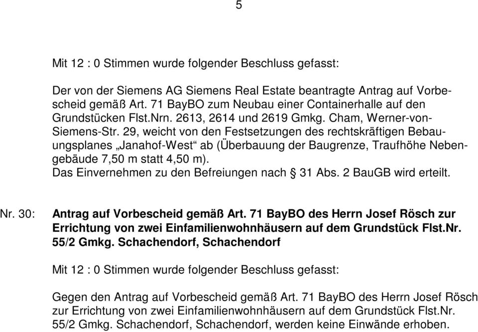 30: Antrag auf Vorbescheid gemäß Art. 71 BayBO des Herrn Josef Rösch zur Errichtung von zwei Einfamilienwohnhäusern auf dem Grundstück Flst.Nr. 55/2 Gmkg.