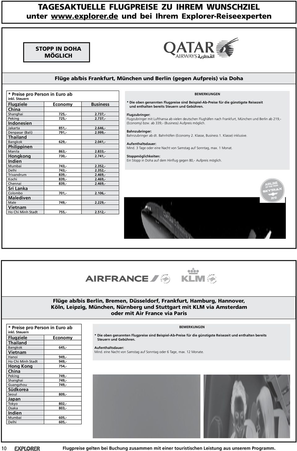 Steuern Flugziele Economy Business China Shanghai 725,- 2.737,- Peking 725,- 2.737,- Indonesien Jakarta 851,- 2.646,- Denpasar (Bali) 791,- 2.999,- Thailand Bangkok 629,- 2.