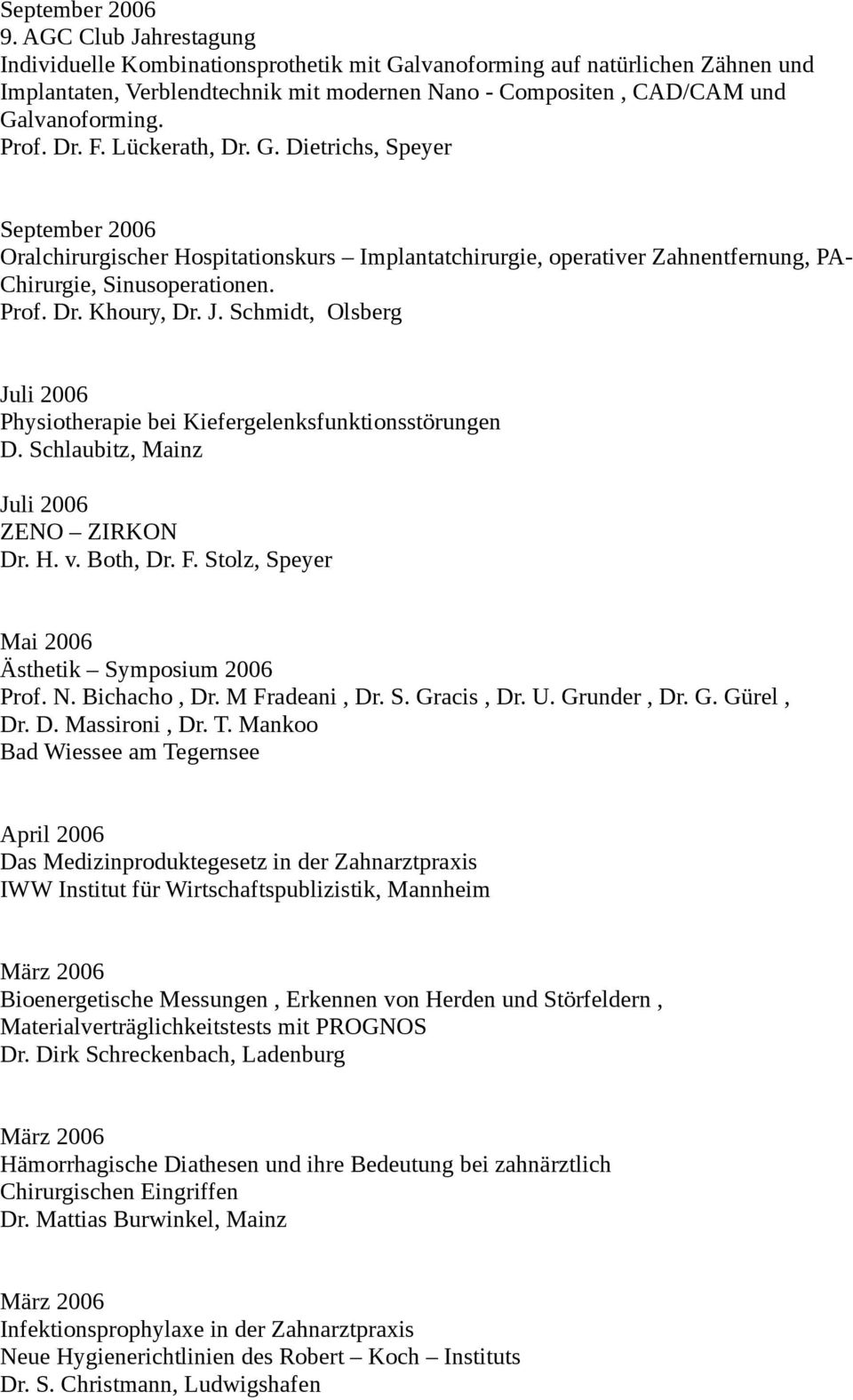 Dr. F. Lückerath, Dr. G. Dietrichs, Speyer September 2006 Oralchirurgischer Hospitationskurs Implantatchirurgie, operativer Zahnentfernung, PA- Chirurgie, Sinusoperationen. Prof. Dr. Khoury, Dr. J.