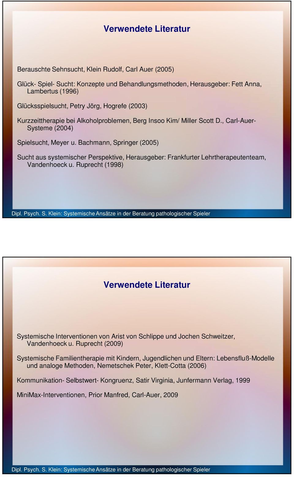 Bachmann, Springer (2005) Sucht aus systemischer Perspektive, Herausgeber: Frankfurter Lehrtherapeutenteam, Vandenhoeck u.