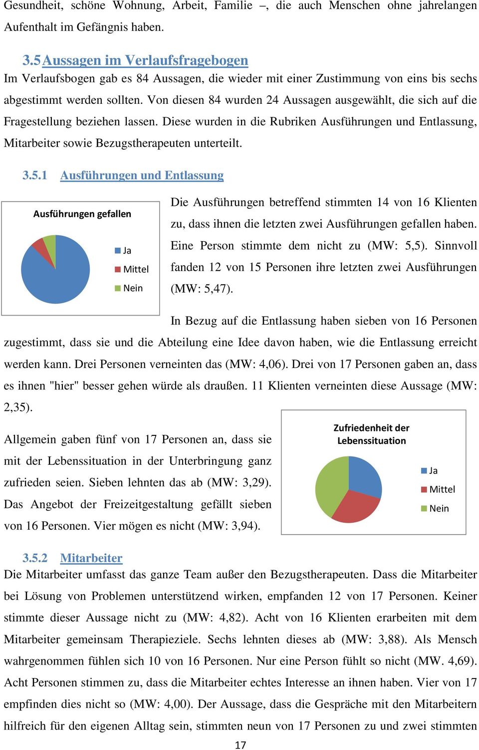 Von diesen 84 wurden 24 Aussagen ausgewählt, die sich auf die Fragestellung beziehen lassen. Diese wurden in die Rubriken Ausführungen und Entlassung, Mitarbeiter sowie Bezugstherapeuten unterteilt.