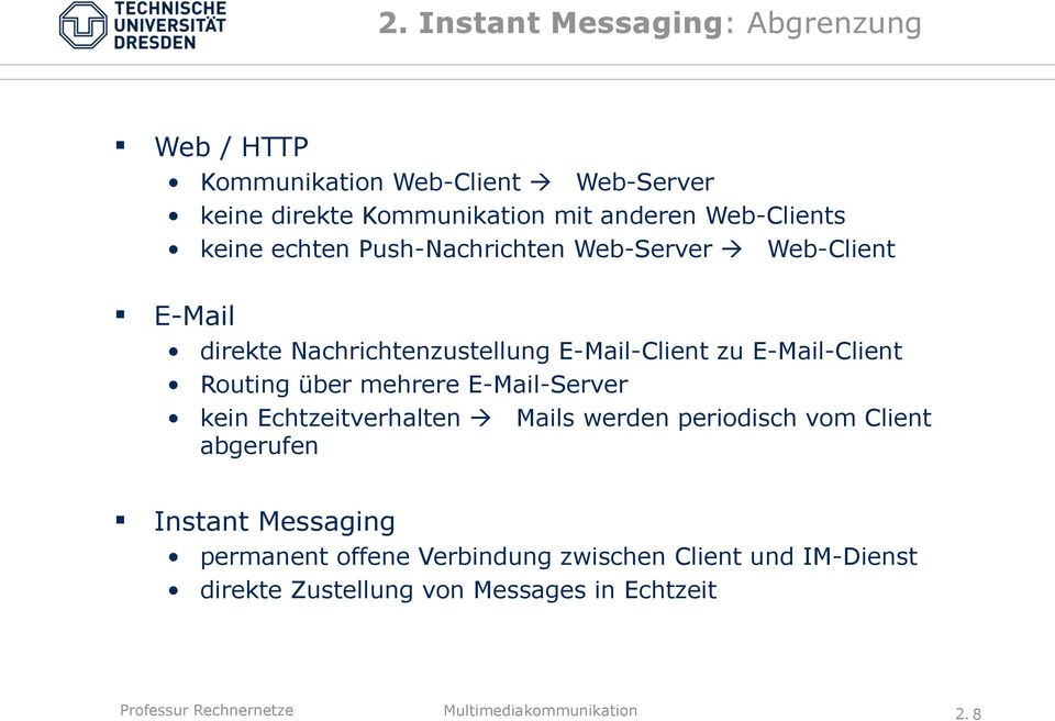 E-Mail-Client Routing über mehrere E-Mail-Server kein Echtzeitverhalten à Mails werden periodisch vom Client abgerufen Instant