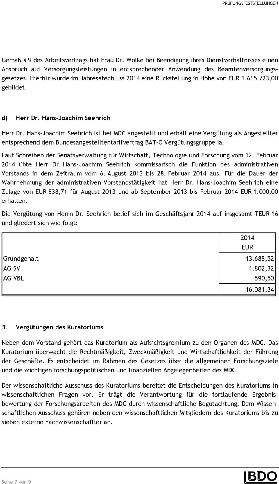 Hierfür wurde im Jahresabschluss 2014 eine Rückstellung in Höhe von EUR 1.665.723,00 gebildet. d) Herr Dr. Hans-Joachim Seehrich Herr Dr.