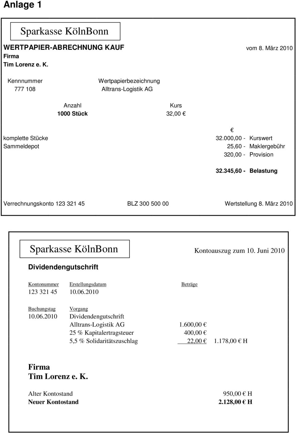 März 2010 Sparkasse KölnBonn Kontoauszug zum 10. Juni 2010 Dividendengutschrift Kontonummer Erstellungsdatum Beträge 123 321 45 10.06.2010 Buchungstag Vorgang 10.06.2010 Dividendengutschrift Alltrans-Logistik AG 1.