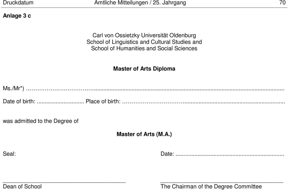 Cultural Studies and School of Humanities and Social Sciences Master of Arts Diploma Ms./Mr*).