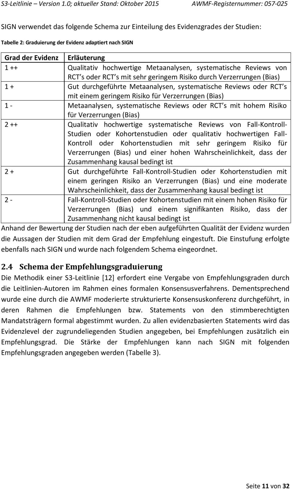 Risiko für Verzerrungen (Bias) 1 - Metaanalysen, systematische Reviews oder RCT s mit hohem Risiko für Verzerrungen (Bias) 2 ++ Qualitativ hochwertige systematische Reviews von Fall-Kontroll- Studien