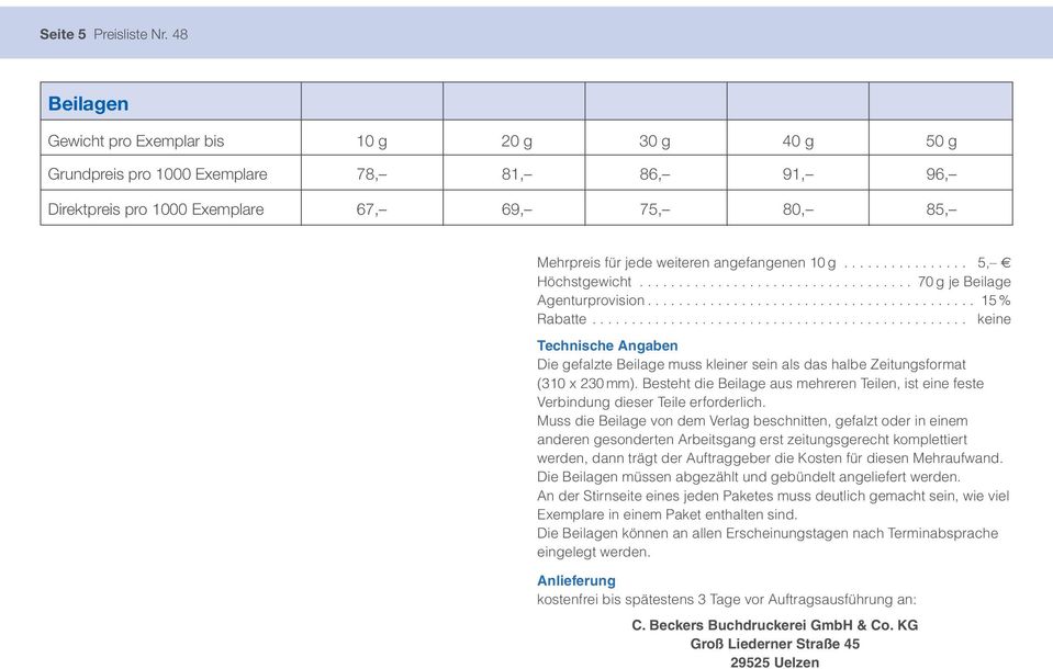 angefangenen 10 g... 5, M Höchstgewicht... 70 g je Beilage Agenturprovision... 15 % Rabatte.