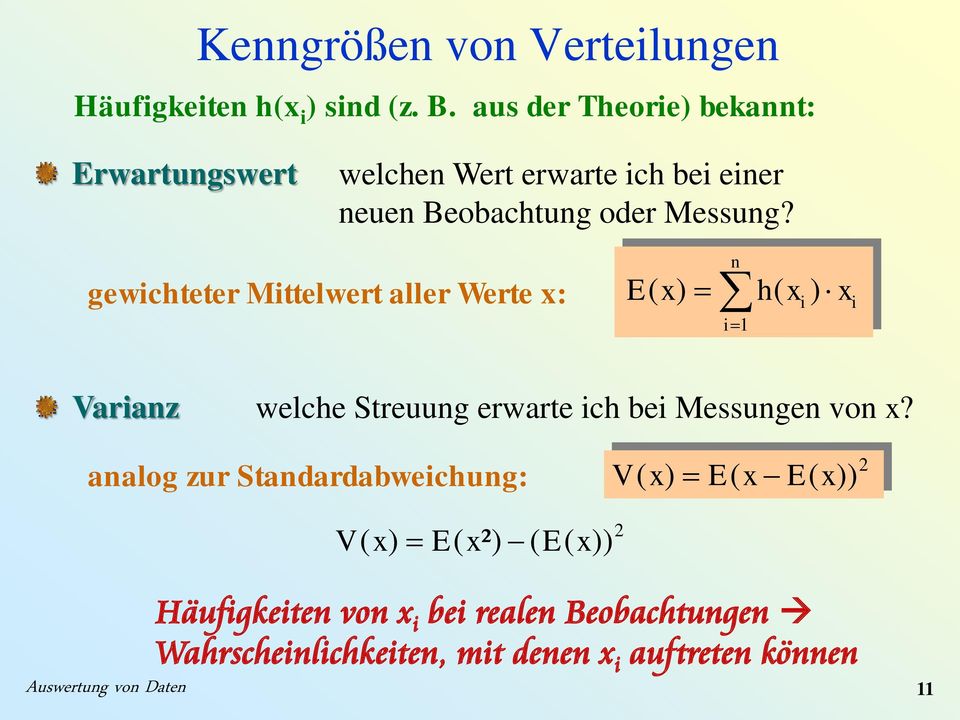 gewichteter Mittelwert aller Werte : E( ) i1 h( i ) i Variaz welche Streuug erwarte ich bei Messuge vo?