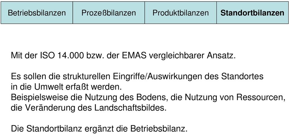 Es sollen die strukturellen Eingriffe/Auswirkungen des Standortes in die Umwelt erfaßt